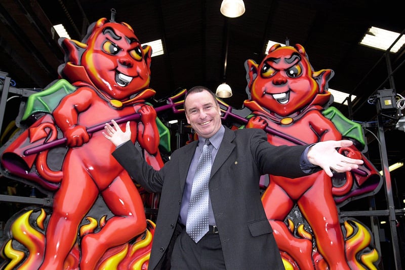 Heaven and Hell nightclub boss Peter Clarke at the Rigby Road illuminations depot with Heaven and Hell devils