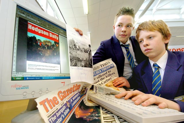 Hodgson High School (Poulton le Fylde) pupils at work on their newspaper, 2005. Pictured are editors Mark Rangeley (right) and Scott Woods (both aged 14)