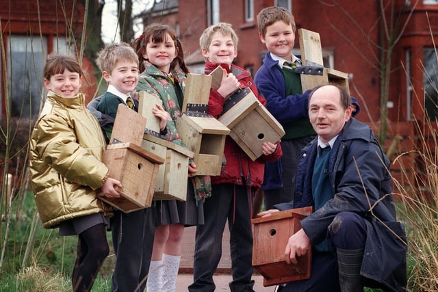 Ted Charnley of the Lancashire Wildlife Trust helps children from Lytham CofE School to put up birdboxes. Pictured with Ted are Year 3 pupils (from left to right) Natasha Howarth, Joseph Phillips, Jessica Ann Christian, Adam Postles and Harvey Butcher