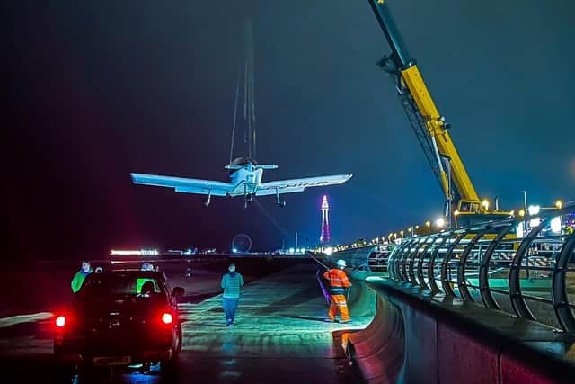 The striken plane was recovered from the beach in Blackpool by crane and transported back to Blackpool Airport