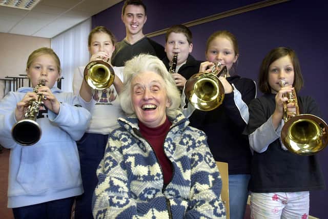 Wyn Hodge at the founding of  a Fylde Coast YMCA junior brass band, thanks to a donation from the her School of Dancing.