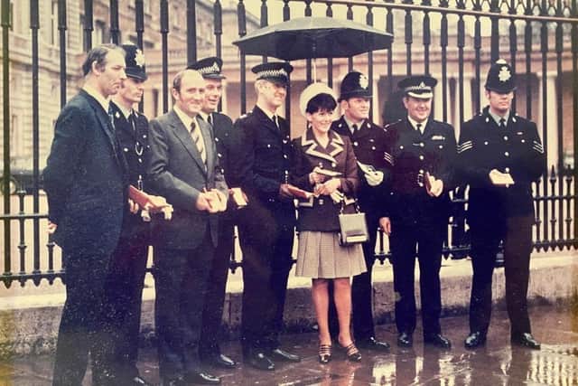 Blackpool officers collecting their George Medals outside Buckingham Palace in 1972.  Kenneth Mackay is seen to the left of Maureen, widow of, Gerry Richardson.