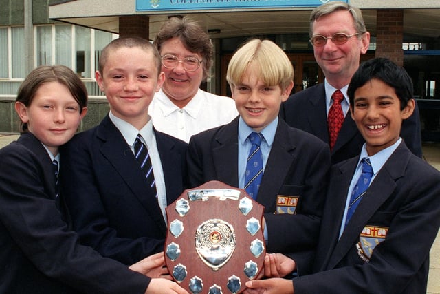 Collegiate High School maths team won the Blackpool Maths Challenge Shield in 1997. Pictured (from left), Lee Robinson, David Downes, Daniel Brady and Simon Gupta. Also pictured are headteacher Keith Clark and maths teacher Sheila Beniston