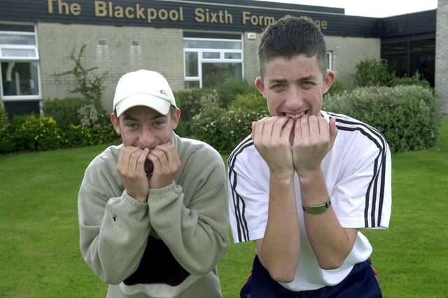 Brothers Scott and Andrew Singleton wait anxiously for Andrew's results at Blackpool Sixth Form in 2000