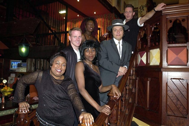 Cast from The Blues Brothers Meets the Soul Sisters at Fayes Bar in 2000