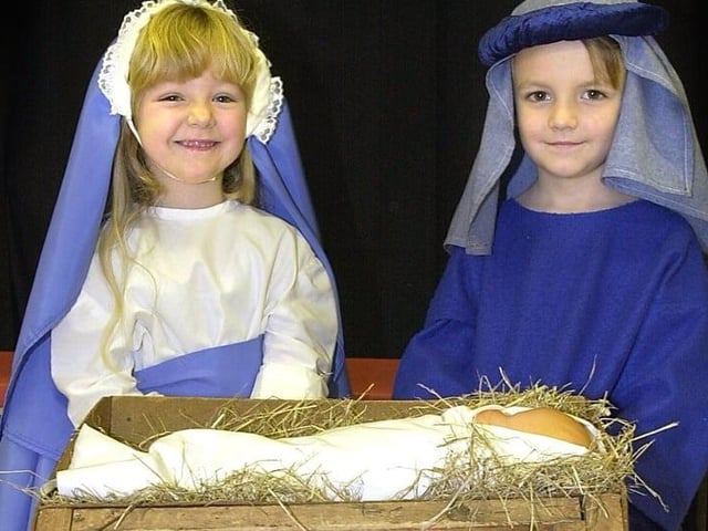 Nativity at Roseacre Primary School, South Shore, 2001. Leah Matthews (5) and Kieran Hamer (4) as Joseph and Mary