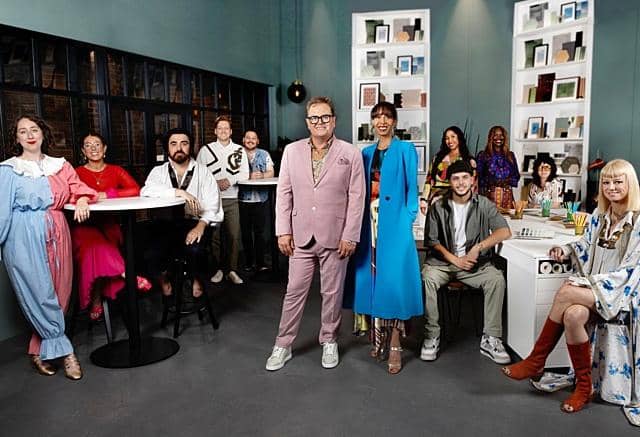 The contestants in the new series of Interior Design Masters with Alan Carr and Michelle Ogundehin (centre) (Picture: BBC/Darlow Smithson Productions)