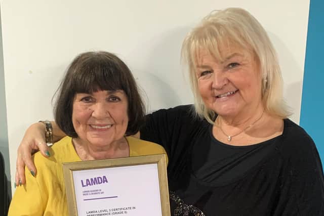 Lynda McMurray (left) pictured with tutor Sarah Jane Stone after receiving ‘Gold Award in Acting’ from the London Academy of Music and Dramatic Art