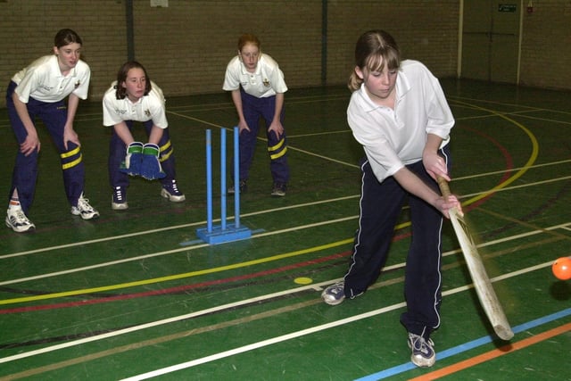Lancashire Cricket Board girls U15 Indoor six-a-side National Cricket Tournament, held at Montgomery High School. Sarah Morgan (St. Bede's Catholic High School) batting and fielding (from Kirkham Grammar School), are from left, Laura Martin., Leanne Soper and Leanne Sharples