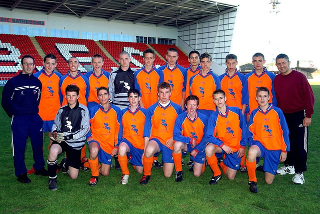 Blackpool Schools Under 15 team before their game against West Lancs Schools in the Lancashire Schools Cup Finals, at Bloomfield Road, Blackpool. The squad are Joe Abbott, Jonny Fee, Tom Hull, Andrew Parry-Jones, Craig Hull, Joe Appleton, Danny Webster, Will Riding, Danny Pickering (captain), Arron Sethi, Joel Few, Ashley Boardman, Daniel Wilkinson, Scott Leadbetter, Carl Eastwood, Lee Howick and Ben Gordon, with managers Des Yarwood (right) and Richard Barnes