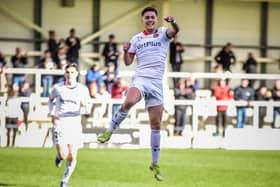 AFC Fylde's Nick Haughton jumps for joy after scoring against Farsley Celtic Picture: Steve McLellan