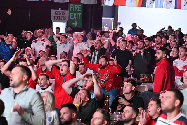 Fans at Winter Gardens, Blackpool, react as they watch a screening of the FIFA World Cup 2022 Quarter Final match between England and France
