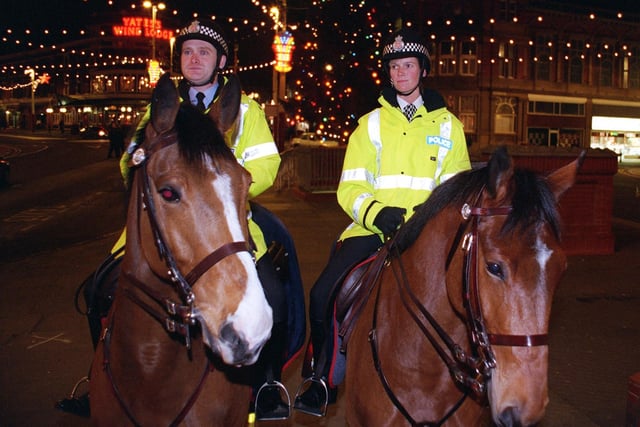 PC Allan Johnson and PC Christine Driver from the mounted division based at Hutton on patrol in Blackpool for late night shopping