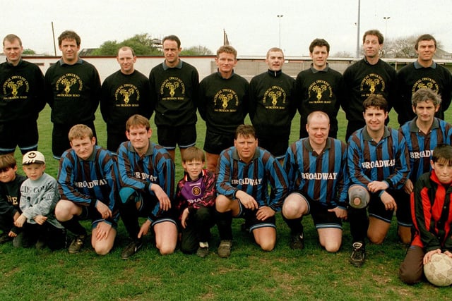Sunday League football, featuring Division One Cup Final between Clifton Rangers (yellow shirts) and Broadway Hotel, at Squires Gate FC.
Pic shows Broadway team with mascots. Front L-R: Paul Stirk, Neil Hendry, Andy Rowlinson, John Wakefield, Brian Wood and George Bruno. Back: Ronnie Moss, John Gray, Michael Strachan, Andy Greaves, Rebby Hogg, Dave Hargreaves, Jody Trushell, and Gary and Tim Falconetti.