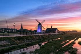 Lytham Windmill lit up purple in tribute to Her Majesty the Queen Elizabeth II.
Pic by Gregg Wolstenholme