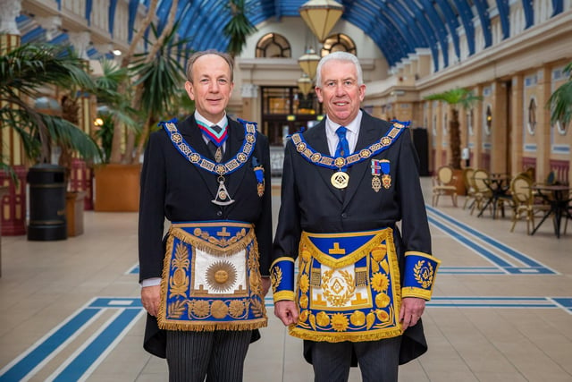 New Provincial Grand Master of West Lancashire Mark Matthew (right) with Pro Grand Master Jonathan Spence at the Winter Gardens.