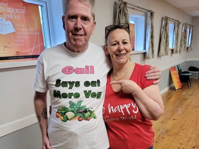 One of Malcom’s T-shirts, pictured with Gail Goldstone Stalmine Consultant.