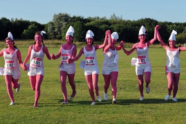 Cancer Research UK Race for Life day two at Lawson Showground, Lawson Road, Blackpool. Pictured are The Pink Smurfs from Baines school (from left to right: Amy Dawson, Sophie Robinson, Zoe Hellowell, Lucy Cook, Megan Hassett, Ellie Cowley, and Livvy McKell