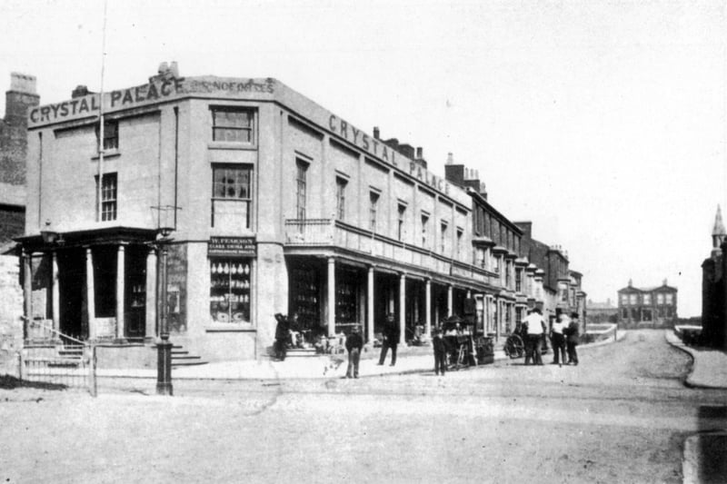 This photo isn't strictly Bank Hey Street but the building in the far distance was called Bank Hey, which presumably was where the street name came from. The photo was taken looking down Victoria Street and shows Crystal Palace, which was Blackpool's first public building. It was built in 1846 on the site of the future Winter Gardens
