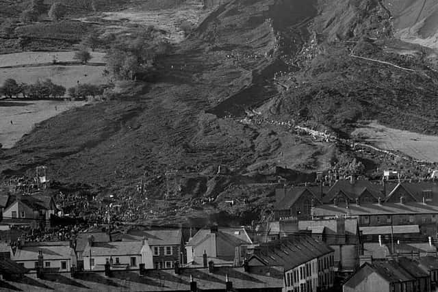A black and white image of the fallen coal tip in Aberfan. The story of the disaster and its aftermath was told in the new BBC2 documentary Aberfan: The Village that Fought Back. (Picture: Alamy)