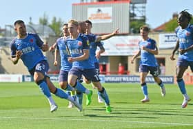 Fleetwood celebrate Danny Andrew's equaliser at Morecambe Picture: ADAM GEE PHOTOGRAPHY