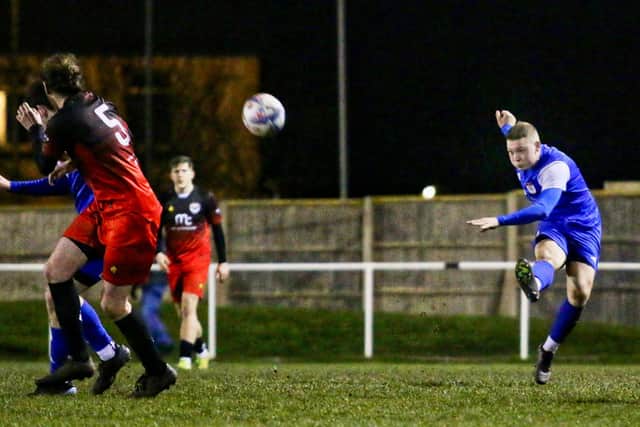 Nathan Cliffe's long-range wonder goal for Squires Gate against Isle of Man Picture: IAN MOORE