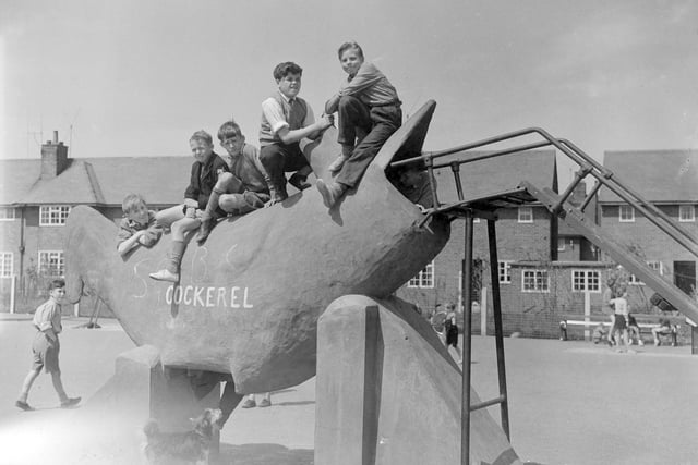 The caption on the back of this pictures says "A safe place for children to play, without danger from traffic, at the new playground off Bowness Avenue, Mereside " This was 1959