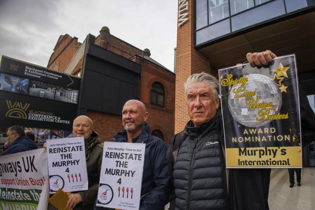 Unite members make their point in the protest outside Blackpool's Winter Gardens