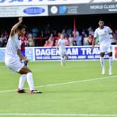 AFC Fylde's Taelor O'Kane scores their goal in defeat at Dagenham & Redbridge Picture: Steve McLellan