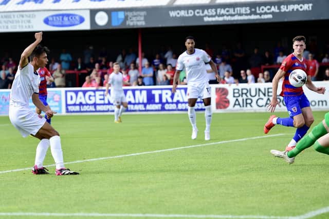 AFC Fylde's Taelor O'Kane scores their goal in defeat at Dagenham & Redbridge Picture: Steve McLellan