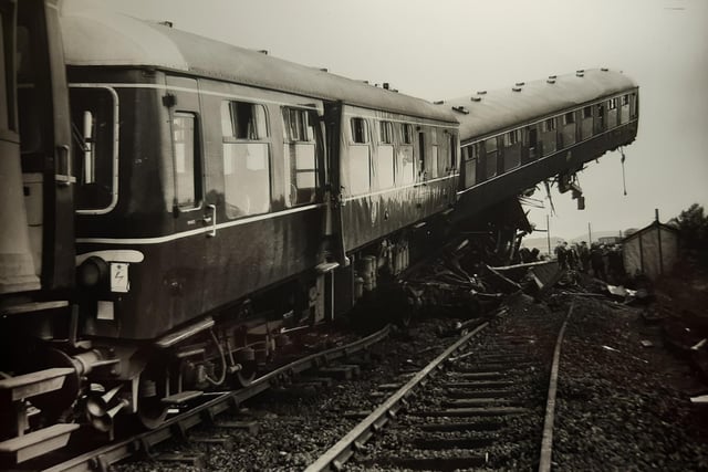 The leading coach of the 200-ton train was travelling at 45mph when it crashed near Weeton. It hit the rear of the 39-wagon ballast, destroying the rear van