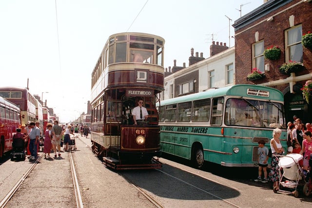 An historic tram edges through the crowds on Lord Street in 1997