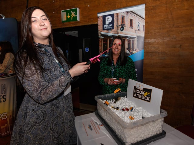 Jodie Mitchell and Sarah Salisbury from Safe and Insured hook a truck at Lancashire Business Expo 2022. Photo: Kelvin Stuttard