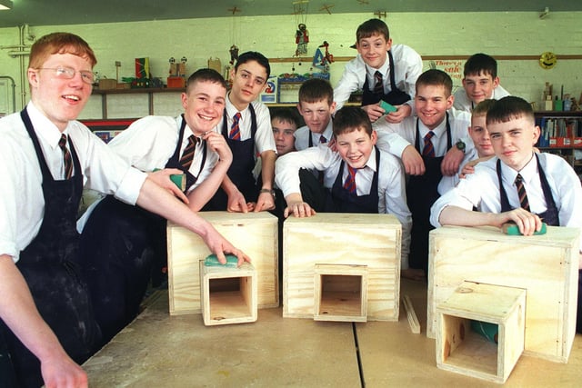 Design Technology pupils at Cardinal Allen School in Fleetwood made hundreds of hedgehog and bird boxes for countryside rangers. Picture shows pupils with some of the completed boxes