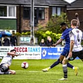 Gold Omotayo scores his second in Fylde's six-goal victory at Bamber Bridge  Picture: STEVE MCLELLAN