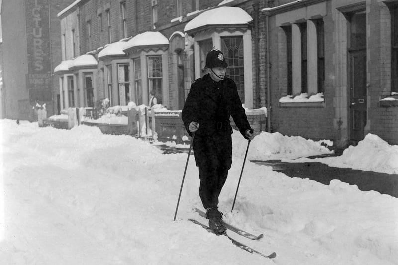 Winter sports enthusiast PC John Marshall Goldie reported for work at South Shore Police Station, Montague Street, on skis in 1955