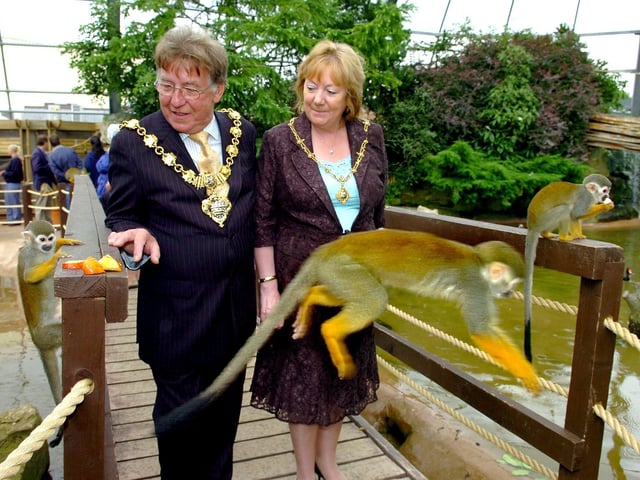 By 2006 a day nursery - with a zoo in its backyard - opened, as did the Hitchhiker's Guide to the Galaxy attraction. Amazonia was also launched this year - developed in the water gardens which closed several years earlier - visitors could sample life in the rainforest, amidst animals including Squirrel monkeys, Marmosets, Ted Titi monkeys, agouti, toco toucans and numerous species of parrot and water fowl. The Mayor of Blackpool Councillor Allan Matthews and Mayoress Mrs Angela Matthews make friends with the squirrel monkeys on the opening day