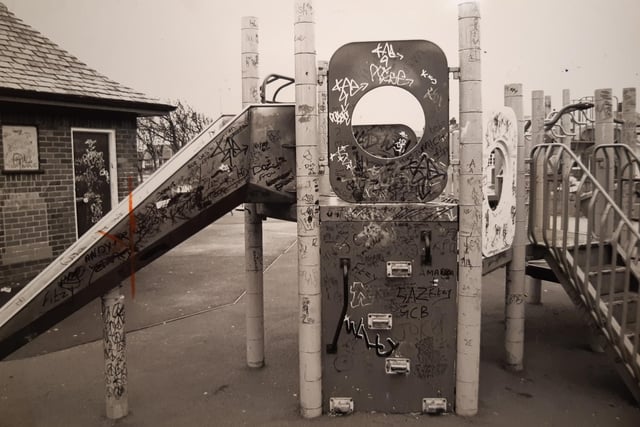 The councils were always up against it when it came to vandalism and in particular, graffiti, as this mess shows back in 1989 at the playground near Bispham Library