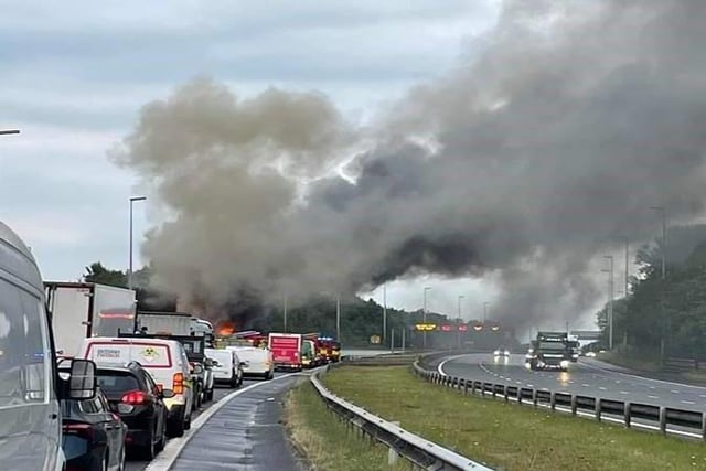 The lorry was carrying frozen chickens. As the chickens cooked and burned in the fire, fat seeped across all four lanes of the carriageway as well as engine oil. This had to be specially-treated and then removed before repairs could begin.