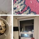 Andy Pugsley has shared photos from his stay at Blackpool Promenade Hotel, which shows a) mould on the ceiling b) toenail cuttings on the floor c) a toilet brush left in the room and d) the window in his suite that he says had no curtain or blinds.