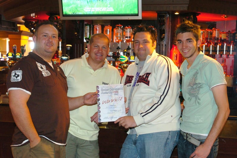 Chris Berry, Karl Harrison, Guy Gillespie and Mike Seno at Brannigans in Blackpool, 2006. It had won an award