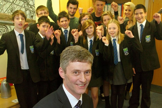 Headteacher Stephen Tierney and pupils celebrate St Marys Catholic High School Ofsted report