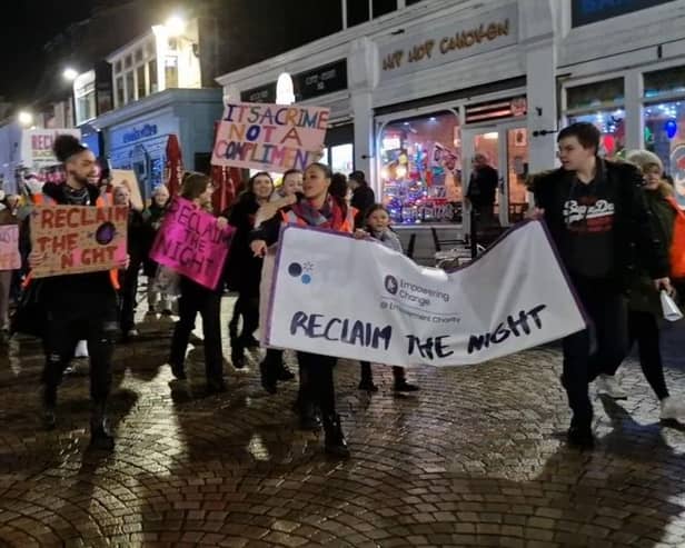 Protesters call out sexism on a peaceful march through Blackpool town centre