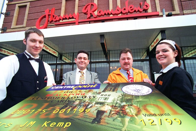 Harry Ramsden's Fish and Chip restaraunt on Blackpool promenade in 1998. Pictured left to right are Colin Dowding, Harry Ramsden's manager Mark Cody, Centrepoint manager Keith Mayren and Bev Roberts