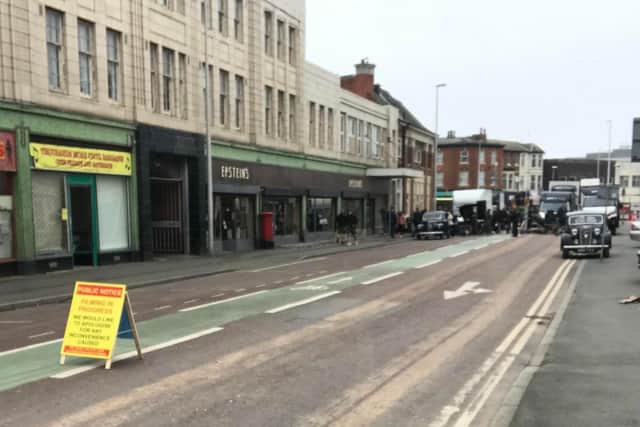 Caunce Street in Blackpool was closed to the public on Tuesday (May 9) while film crews transformed the road into a bustling Liverpool street scene set in the 1950s. Picture credit: Harry Hulme