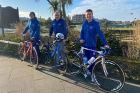 Richard Addison , Paul Bamber and Adam Diver (left to right) are representing Great Britain in a top triathlon event in Spain in September