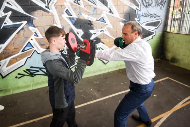Deputy PM Dominic Raab visits the Family Hub and Sports Barn on Gorton St in Blackpool. He is pictured with 18-year-old Callum Penfolds.