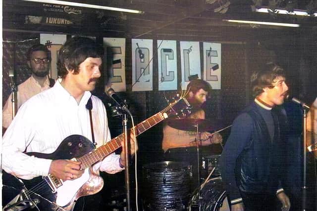 Tony Williams (left) performing with the band Treacle at the Victoria pub in Cleveleys in the 1960s