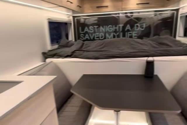 The plush interior of his former 4×4 water bowser man truck, now a "boujee apartment on wheels"