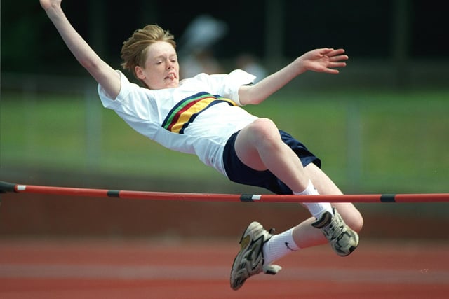 Scott Paxton from Palatine clearing the bar in the U15 high jump ar Blackpool Secondary School athletics championships, 1999